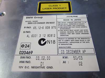 BMW 6 CD Changer Alpine w/ Magazine 65126938975 E60 2004-2005 525i 530i 545i6